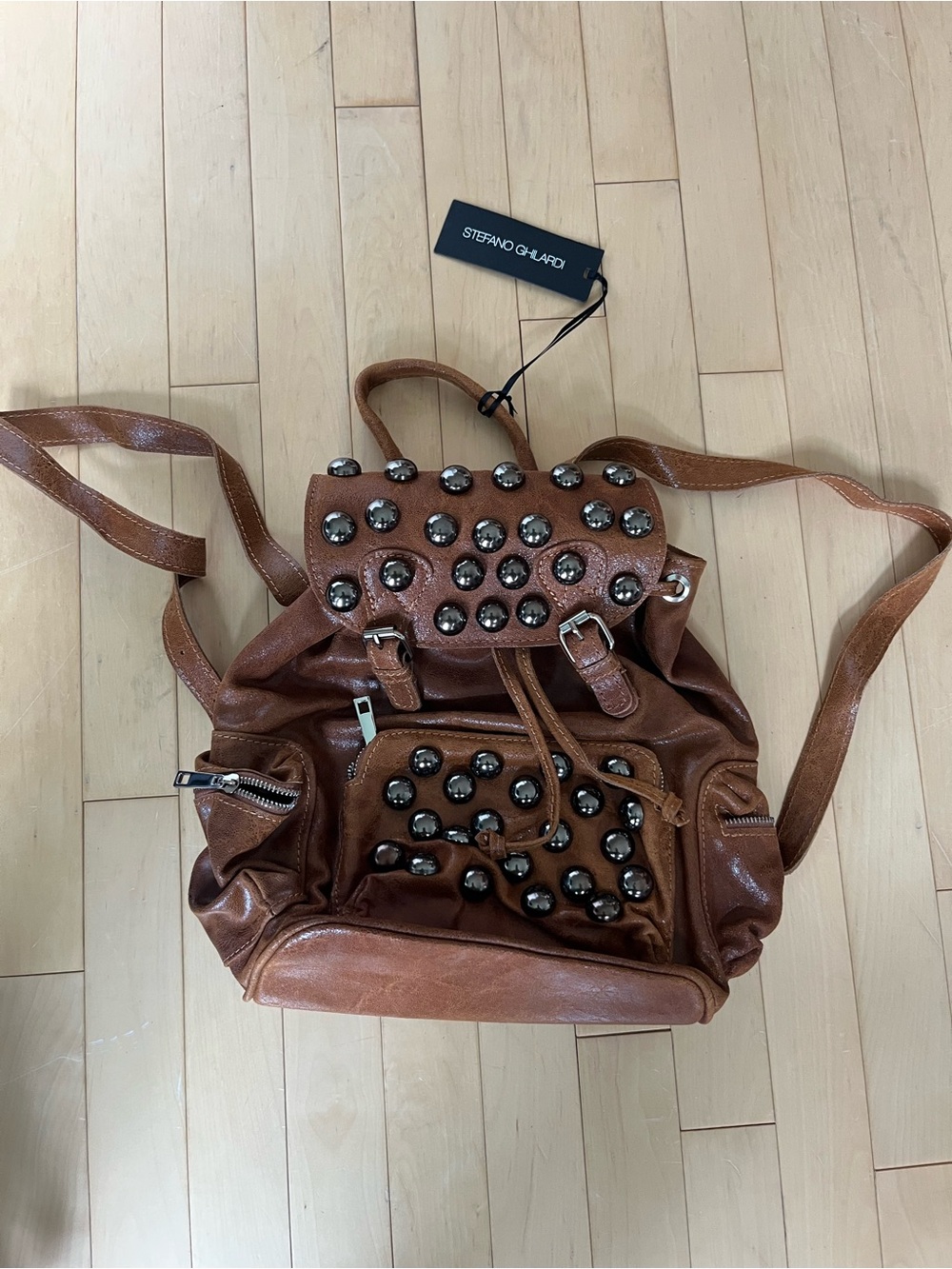 Free People x Stefano Ghilardi Brown Studded Leather Backpack - Picture 8 of 13